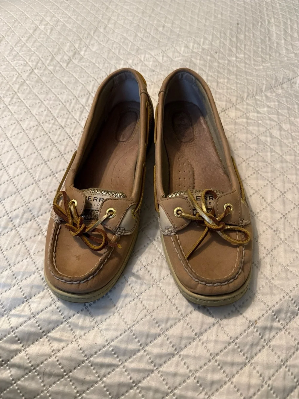 Sperry Tan Leather Moccasin Boat Shoes with Gold Glitter Panels - Women's